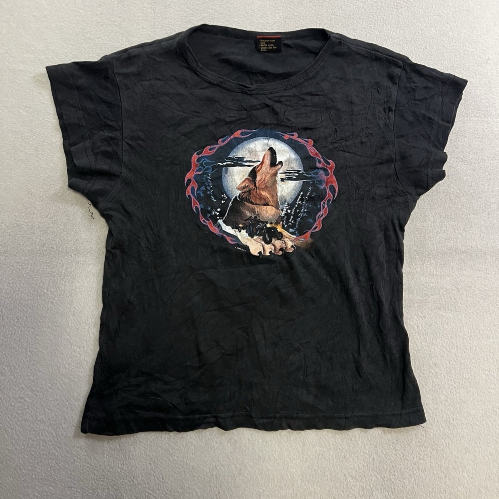 VTG Hot Leathers Shirt Women's Size XS Black Wolf Howling Full Moon Motorcycle